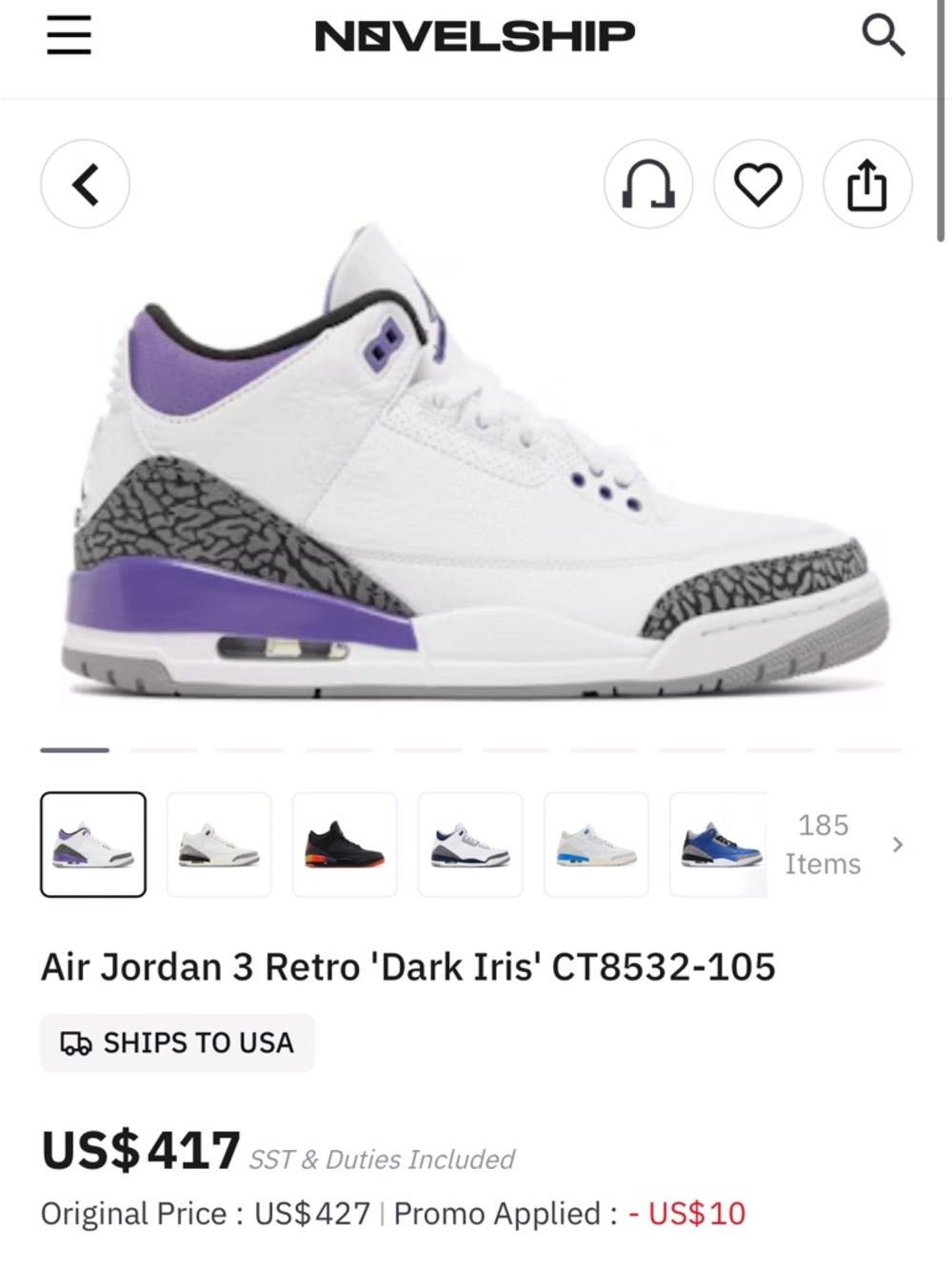 Air Jordan 3 Retro 'Dark Iris' White & Purple Sneakers
